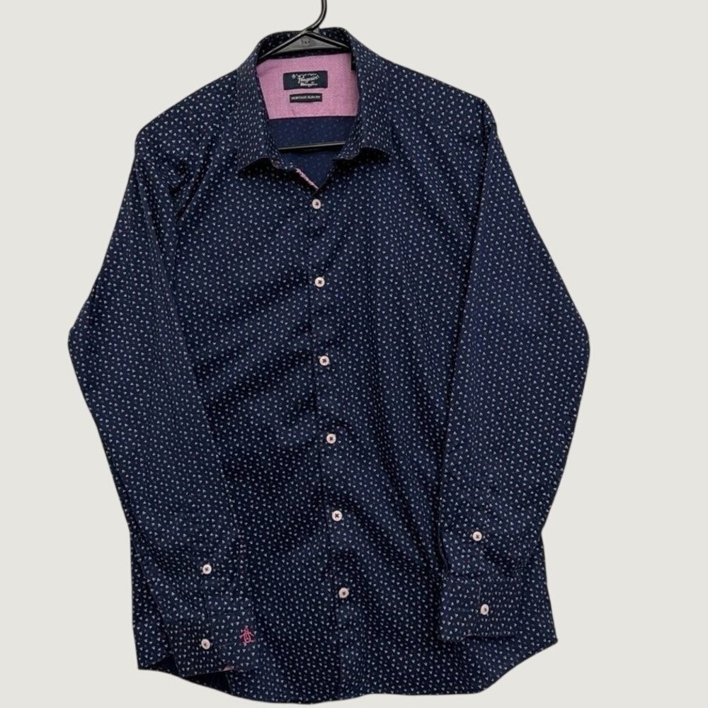 Original Penguin Mens Heritage‎ Slim Fit Button Down Shirt Navy Geometric 16.5 L